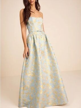 Lulu's Strapless Light Blue and Gold Floral Jacquard Maxi Gown